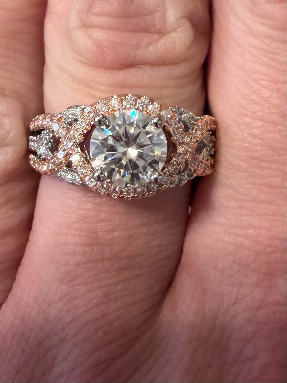 Rose Gold Halo Moissanite Engagement Ring with Round Center Stone